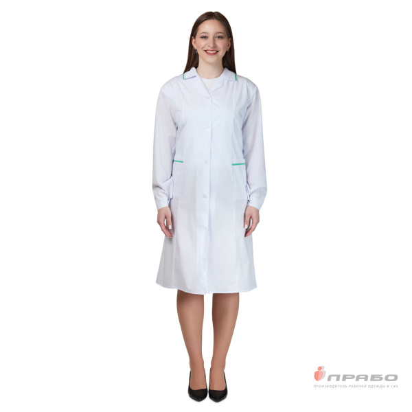 Халат женский (ТиСи) белый с зелёной отделкой