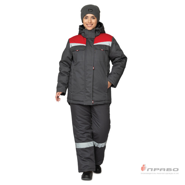 Костюм женский утеплённый "Профессионал 1" тёмно-серый/красный (куртка и брюки)