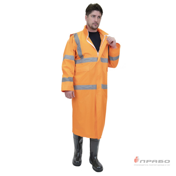 Плащ влагозащитный "Гроза СОП" оранжевый с капюшоном и сигнальными лентами