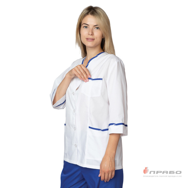 Костюм медицинский женский "Олеся" белый/василёк (блузон и брюки)