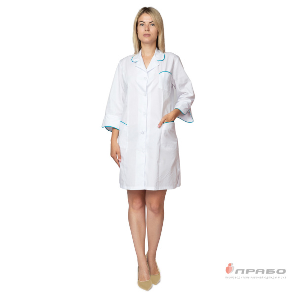 Халат медицинский женский "Жасмин" белый/бирюза