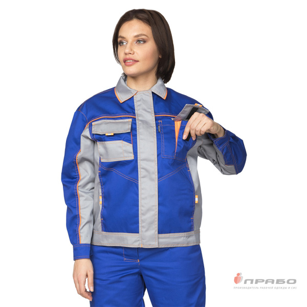 Костюм женский "Бренд 1" василёк/серый из смесовой ткани (куртка и брюки)