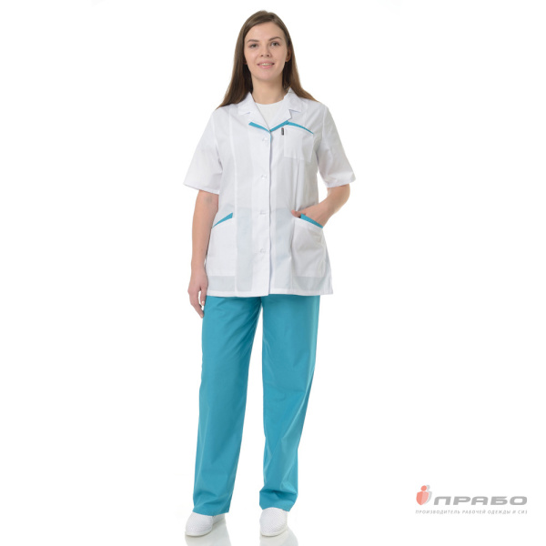 Костюм медицинский женский "Лаура" белый/бирюза (блузон и брюки)
