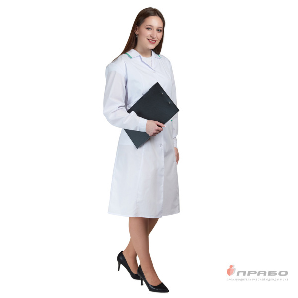 Халат женский (ТиСи) белый с зелёной отделкой