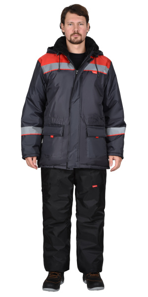 Куртка СИРИУС-БРИГАДИР зимняя мужская с капюшоном т-серая с красным