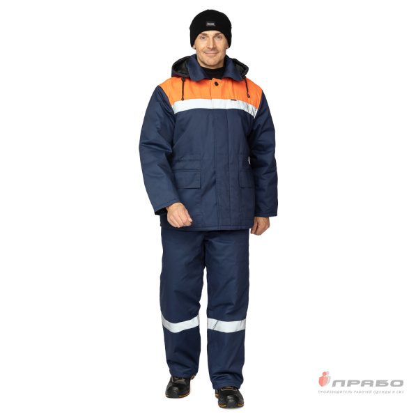 Костюм мужской утеплённый "Коммунальщик" тёмно-синий/оранжевый (куртка и полукомбинезон)