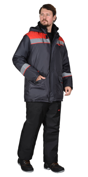 Куртка СИРИУС-БРИГАДИР зимняя мужская с капюшоном т-серая с красным