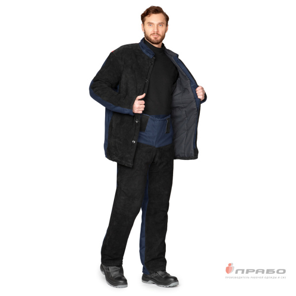 Костюм сварщика утеплённый со спилком "Титан" 3 класса защиты тёмно-синий/красный (куртка и брюки)