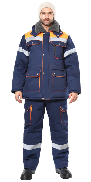 Костюм СИРИУС-ЛИДЕР-М куртка дл., п/к синий с оранжевым, мех. воротник, СОП