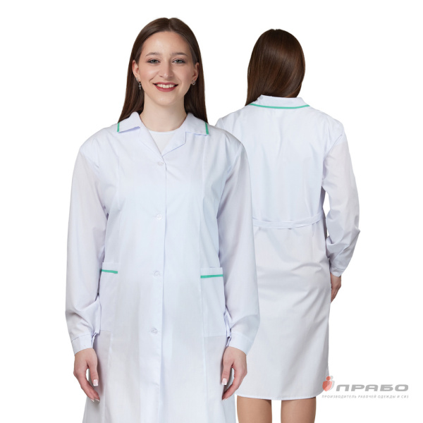 Халат женский (ТиСи) белый с зелёной отделкой