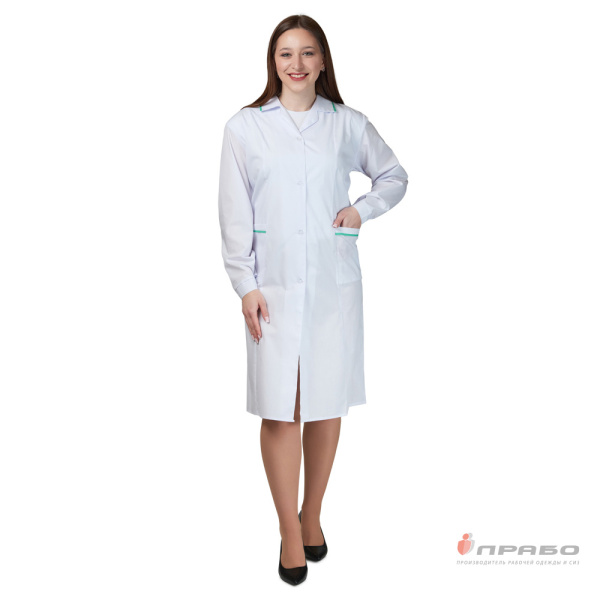 Халат женский (ТиСи) белый с зелёной отделкой