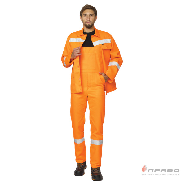 Костюм "Дорожник-2" мужской оранжевый сигнальный с лентами СОП (куртка и полукомбинезон)