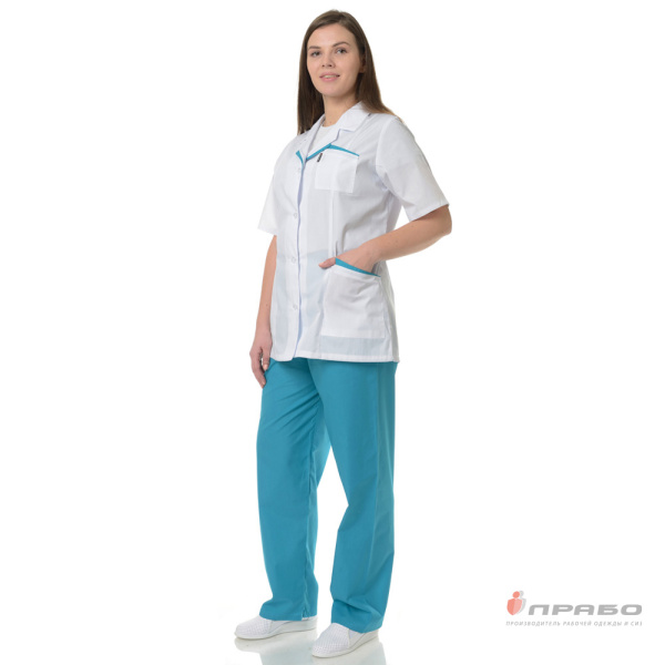 Костюм медицинский женский "Лаура" белый/бирюза (блузон и брюки)