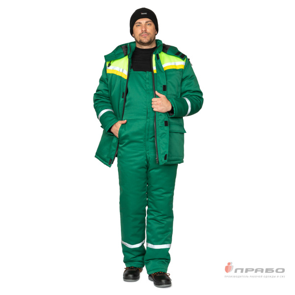 Костюм мужской утеплённый "Стройка" зелёный/лимонный/жёлтый (куртка и полукомбинезон)