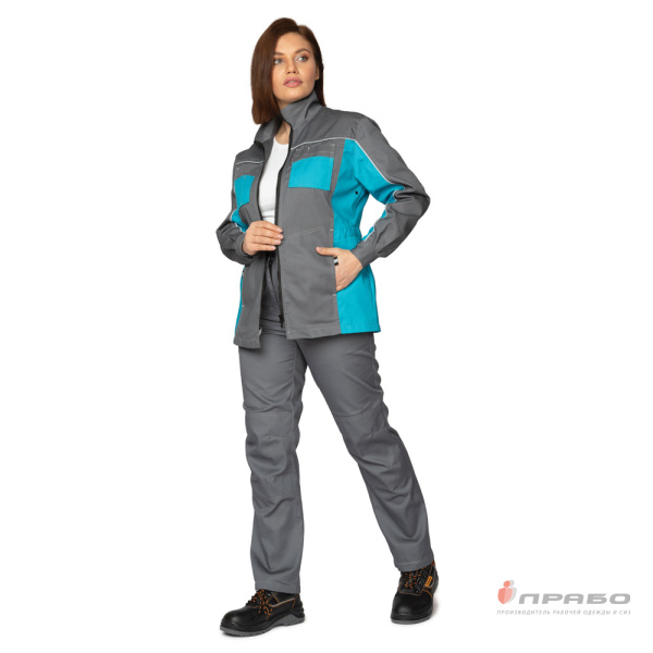 Костюм женский "Бренд 1" 2020 с удлинённой курткой серый/бирюза