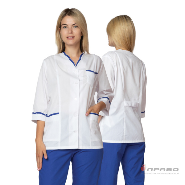 Костюм медицинский женский "Олеся" белый/василёк (блузон и брюки)