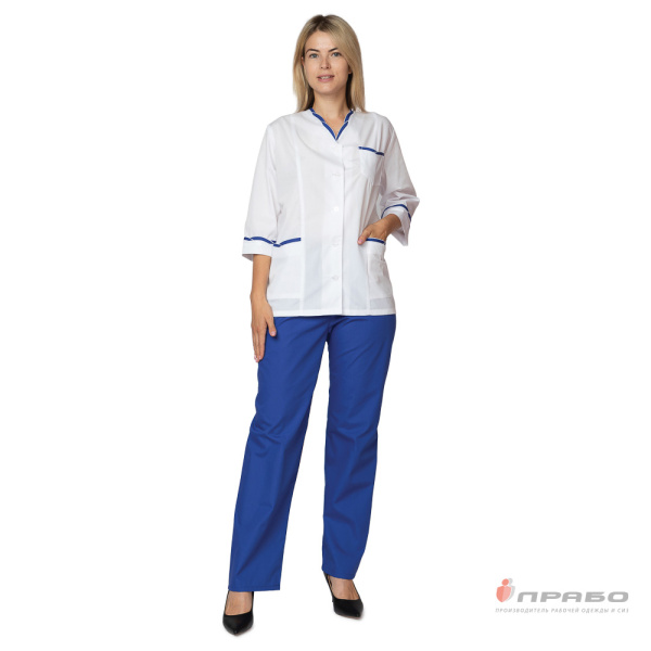 Костюм медицинский женский "Олеся" белый/василёк (блузон и брюки)